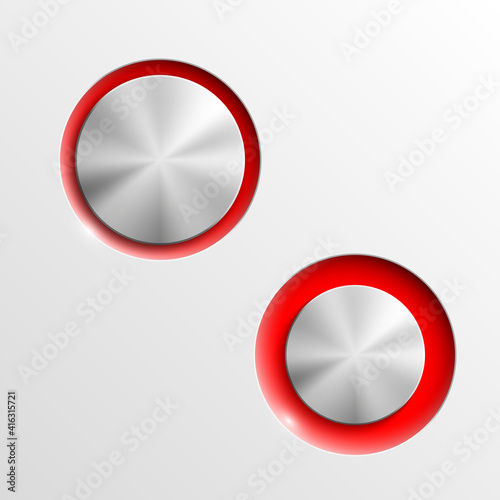 web round metall button on off mark patch reflected light website app. Isolated bell metall button round sign border, reflection shadow steel background. Button steel circle inclusion mark banner