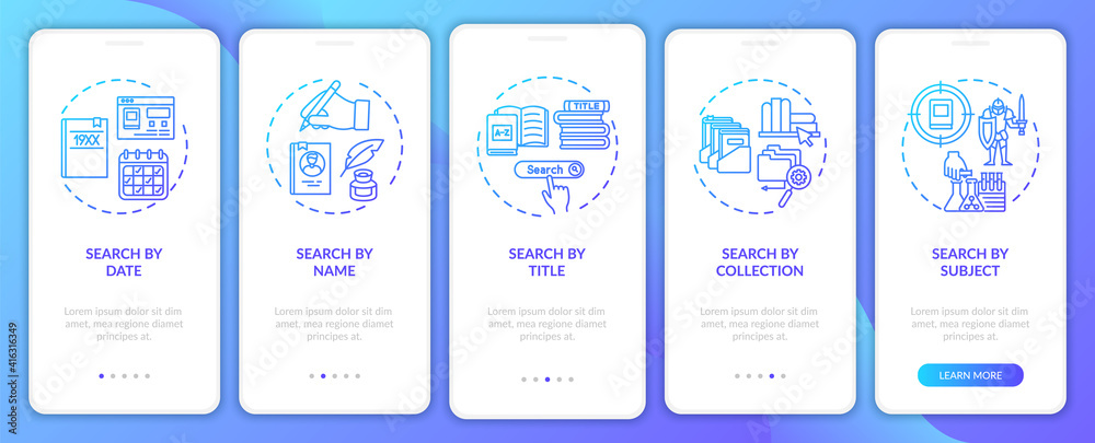 Online library search options onboarding mobile app page screen with concepts. Different types of searching walkthrough 5 steps graphic instructions. UI vector template with RGB color illustrations