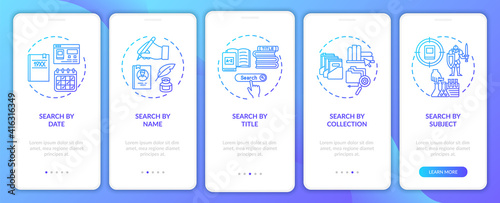 Online library search options onboarding mobile app page screen with concepts. Different types of searching walkthrough 5 steps graphic instructions. UI vector template with RGB color illustrations