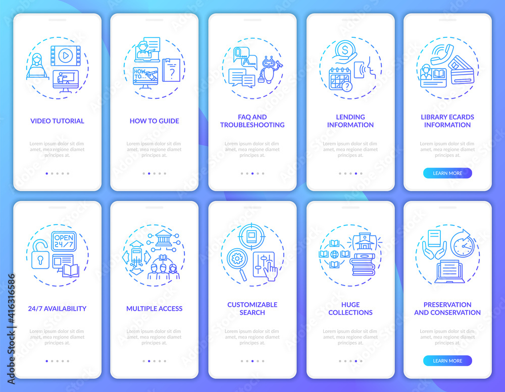 Online library onboarding mobile app page screen with concepts. Types of digital libraries walkthrough 10 steps graphic instructions. UI vector template with RGB color illustrations