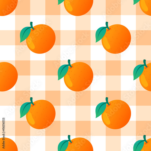 Orange fruit seamless pattern vector illustration. Fresh oranges on gingham background