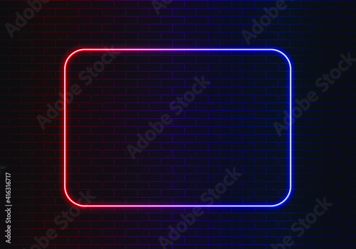 Neon red and blue light on dark black brick wall vector illustration. Neon border or frame. Lights sign. Vector abstract neon background for signboard or billboard. Geometric glow outline.