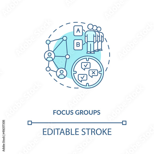 Focus group concept icon. Organization of research collecting for discussion idea thin line illustration. Market researching. Vector isolated outline RGB color drawing. Editable stroke