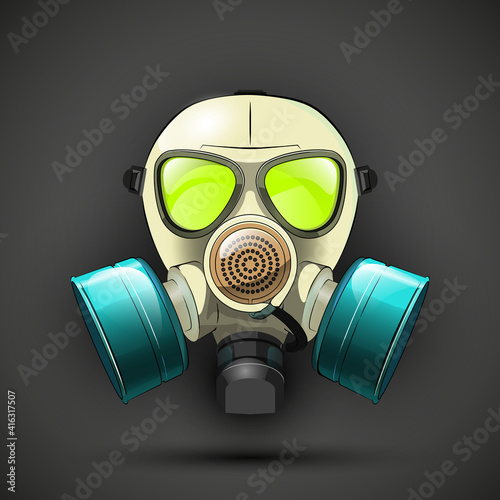 Gas mask respirator skull breather on round background. Protective radiation suit in circle badge. Breathing gas mask apparatus with two filters. Color illustration