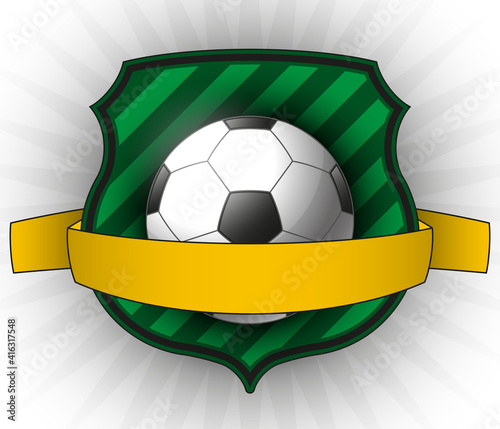 Football game icon, European Soccer game badge, Ball with ribbon on a background of green shield, Realistic illustration