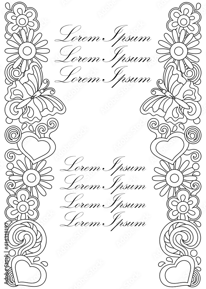 Flowers, butterflies, hearts. Vertical design template for greeting cards, invitations, coloring book.