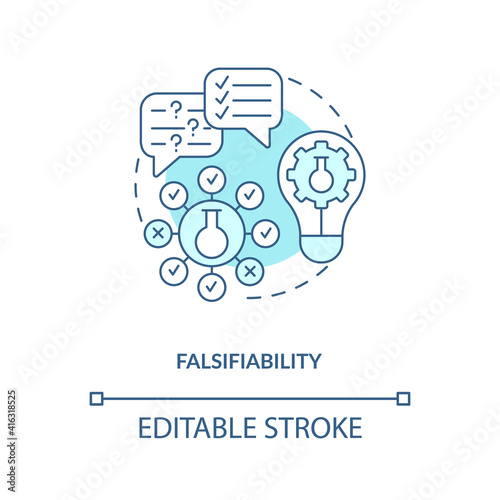 Falsifiability concept icon. Scientific knowledge idea thin line illustration. Theory and hypothesis. Not tested objects. Vector isolated outline RGB color drawing. Editable stroke.