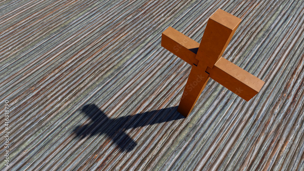 Concept or conceptual metal rusted cross on a natural wood or wooden logg background. 3d illustration metaphor for God, Christ, religious, faith, holy, spiritual, Jesus, belief, resurection