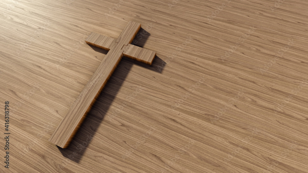 Concept or conceptual cross on a natural wood or wooden background. 3d illustration metaphor for God, Christ, Christianity, religious, faith, holy, spiritual, Jesus, belief, resurection