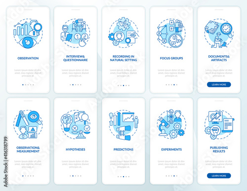 Science research onboarding mobile app page screen with concepts set. Experiments and hypothesis walkthrough 5 steps graphic instructions. UI vector template with RGB color illustrations