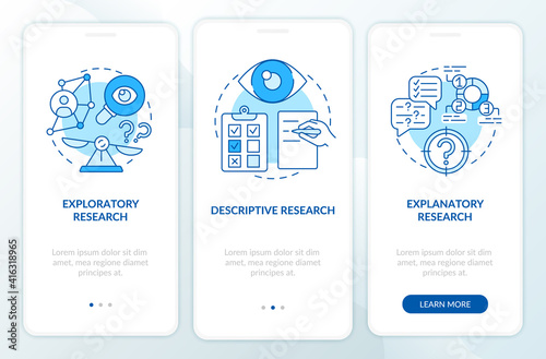 Types of scientific research onboarding mobile app page screen with concepts. Experimentation walkthrough 5 steps graphic instructions. UI vector template with RGB color illustrations