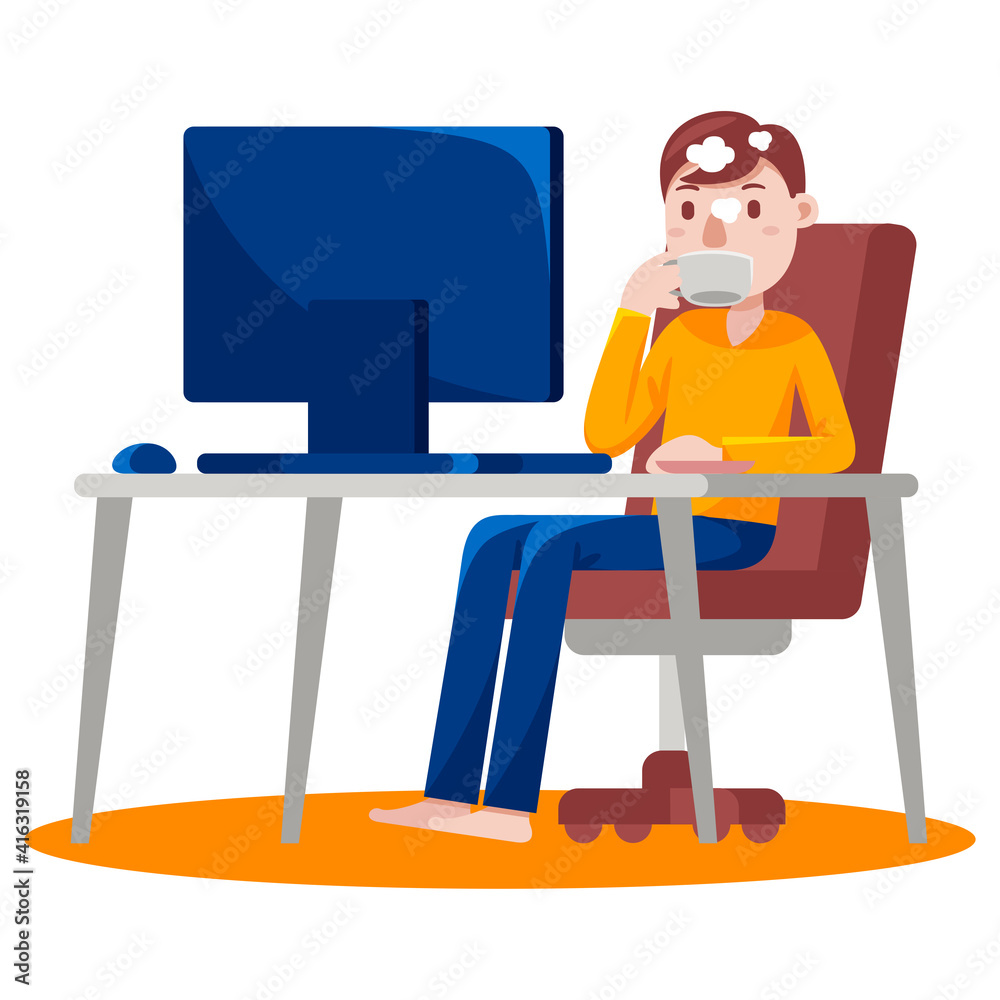 Man Working with Computer at Home. Vector Illustration with Flat Design.