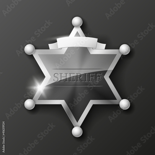 Wild West Sheriff metal gold star. Star policeman steel emblem. Police wild west badge. Cop metal token. Sheriff steel badge, Six-pointed star, Policeman token with "sheriff" text on surface