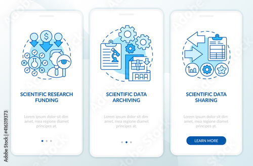 Scientific research components onboarding mobile app page screen with concepts. Science research funding walkthrough 5 steps graphic instructions. UI vector template with RGB color illustrations