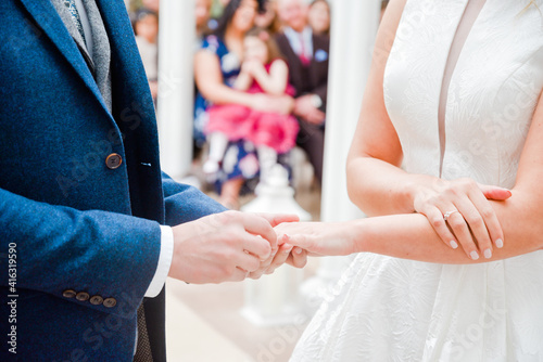 Exchanging of wedding rings in ceremony.