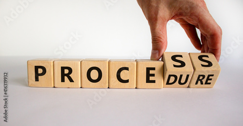 Process or procedure symbol. Businessman turns wooden cubes, changes a word 'process' to 'procedure'. Beautiful white background. Business and process or procedure concept. Copy space.
