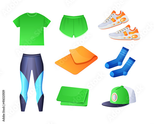 Running Accessories for fitness. Running Gear for female. Sports sneakers, shorts, leggings, cap, t-shirt, glasses, cup, towel