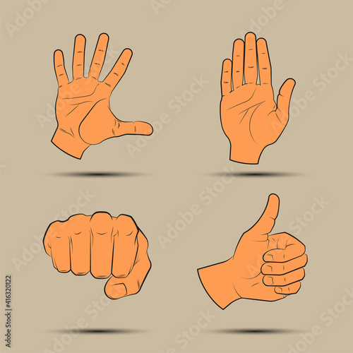Collection human hand various gestures. Line sketch thumbs up knuckles outline