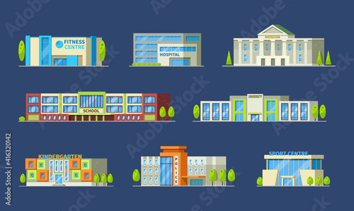 Municipal buildings set. Buildings police station, hospital, school, supermarket, kindergarten, university, sports complex, bank, restaurant, church, museum, fitness, post office cartoon