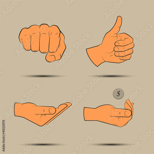 Collection human hand various gestures. Line sketch thumbs up knuckles outline