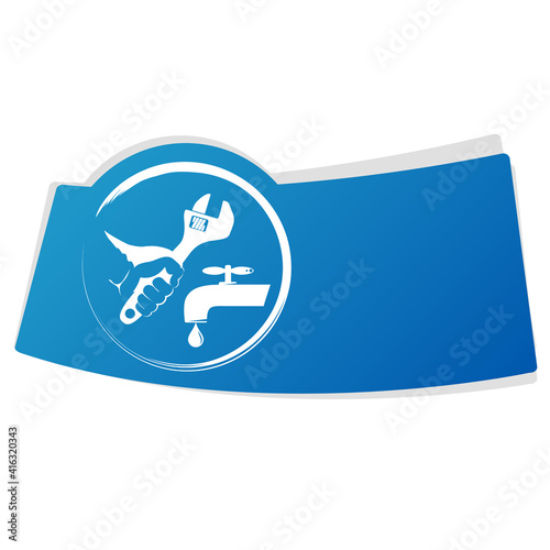 Wrench in hand and water tap repair plumbing service banner