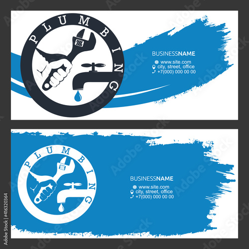 Wrench in hand and water tap business card for plumber