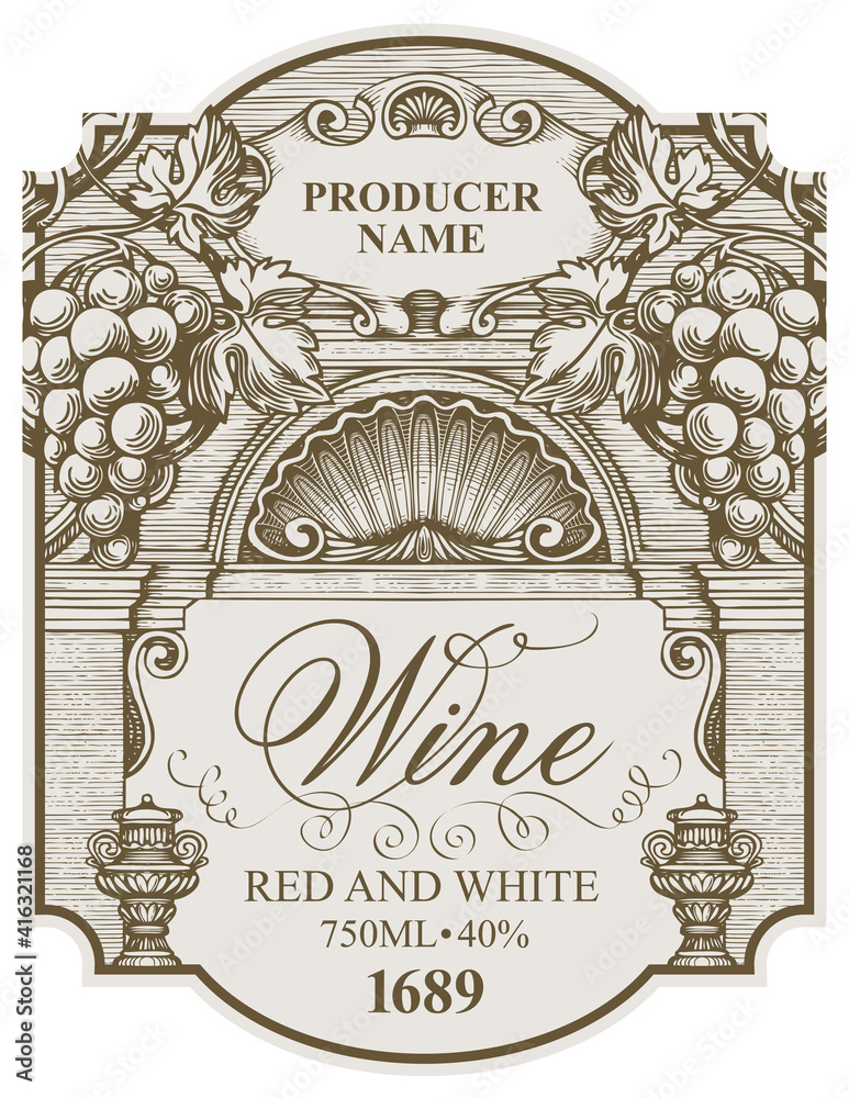 Vector wine label with bunches of grapes, a seashell and inscriptions