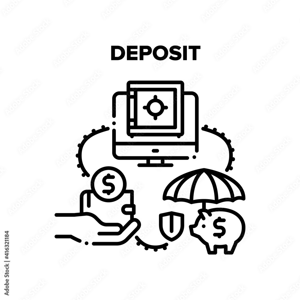 Deposit Finance Vector Icon Concept. Deposit Bank Service For Saving And Earning Money, Piggy Moneybox For Protection Coins Cash And Online Electronic Financial Safe Black Illustration Deposit Finance Vector Icon Concept. Deposit Bank Service For Saving And Earning Money, Piggy Moneybox For Protection Coins Cash And Online Electronic Financial Safe Black Illustration