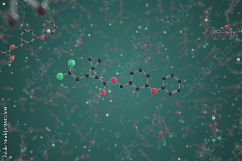 Generic permethrin molecule. Ball-and-stick molecular model. Chemistry related 3d rendering photo