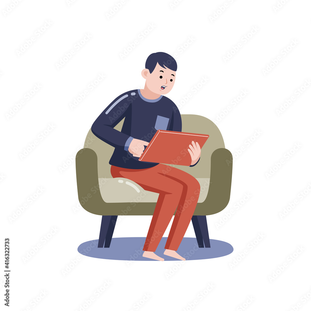 Man Working with Digital Tablet at Home. Vector Illustration with Flat Design. Man Working with Digital Tablet at Home. Vector Illustration with Flat Design.