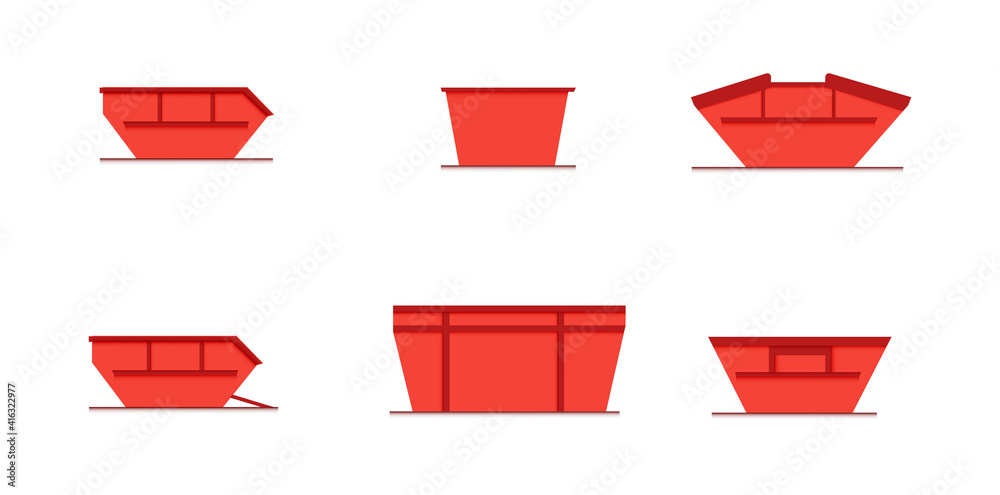 set of skip bin is a large open-topped waste container. red skip vector icon illustration