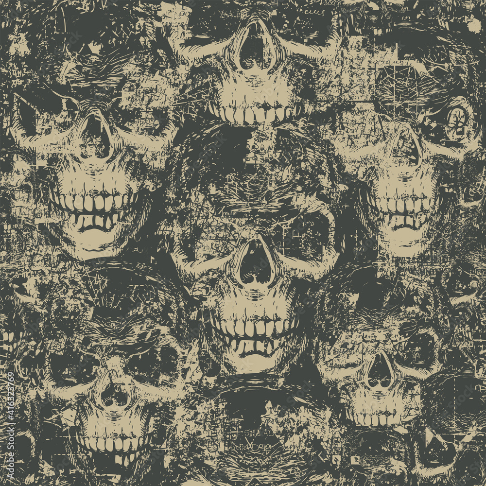 Abstract seamless pattern with hand-drawn skulls in grunge style. Dark vector background with ominous human skulls. Wallpaper, wrapping paper, fabric, graphic print for clothes or halloween party