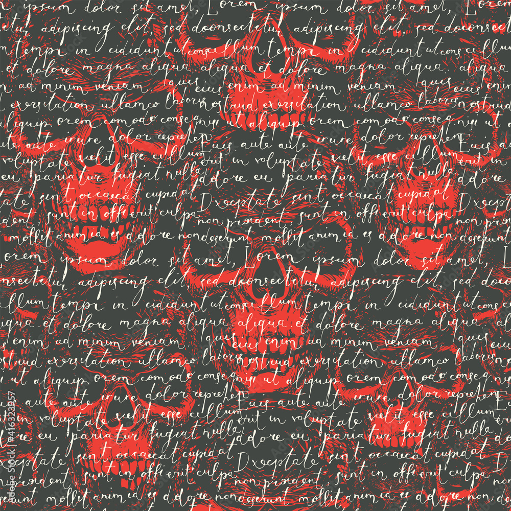 Vector seamless pattern with handwritten text Lorem Ipsum on a black and red background with sinister human skulls. Suitable for wallpaper, wrapping paper, textiles, fabric, backdrop