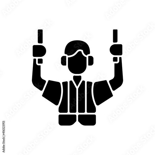 Ground handling black glyph icon. Professional service in airport. Civil aviation issues. Safety flight guarantee. Occupation. Silhouette symbol on white space. Vector isolated illustration