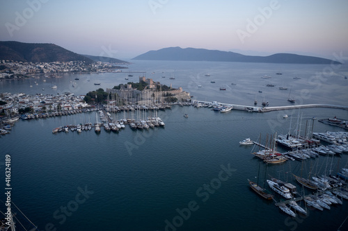 Bodrum castle of St. Peter, aerial view. Agean sea landscape with ancient fortress and sailing boats in Turkey. View from drone.