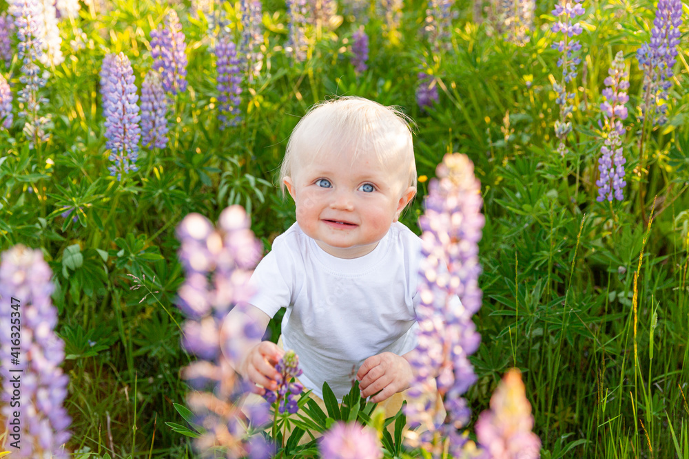 Happy little girl smiling outdoor. Beautiful blond young baby girl resting on summer field with blooming wild flowers green background. Free happy kid childhood concept. Positive toddler child