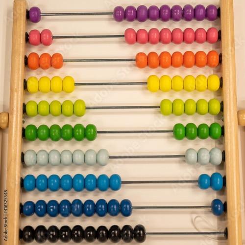 Bright colored hand abacus. Children s wooden toy for the study of arithmetic.