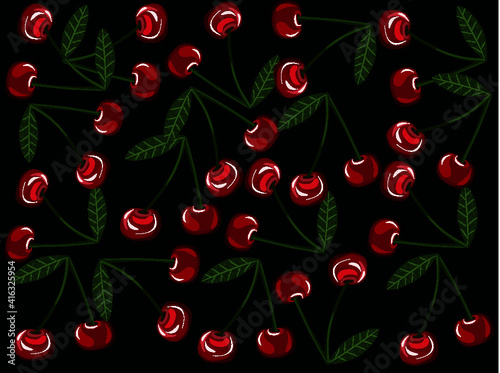 Branches of a cherry tree with bright berries on a black background. vector.