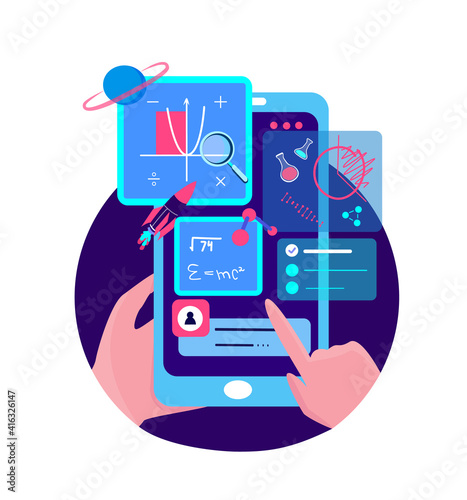 Smartphone School Application for Remote Education.Online Educational Digital Lesson Tutorial.Technologies Knowledge for Pupil. Mobile Screen. Study Homework. Home Internet Learning.Vector Illustratio photo