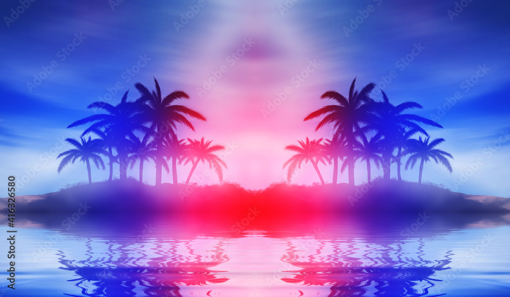 Abstract futuristic background. Silhouettes of palm trees on a t