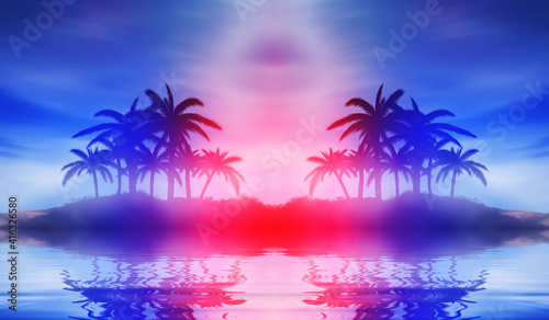 Fototapeta Naklejka Na Ścianę i Meble -  Abstract futuristic background. Silhouettes of palm trees on a t