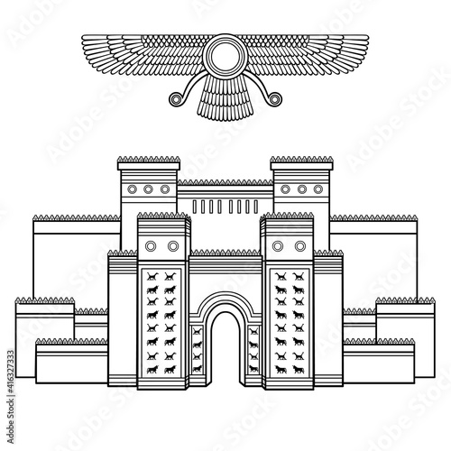 Cartoon linear drawing: Ishtar Gate. Ancient sacred temple. Symbols of Babylon, Assyria, Mesopotamia. Vector illustration Isolated on white background.