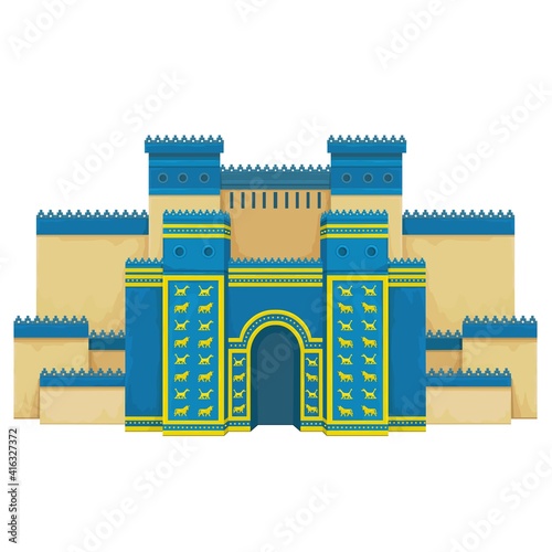 Cartoon color drawing: Ishtar Gate. Ancient sacred temple. Symbols of Babylon, Assyria, Mesopotamia. Vector illustration Isolated on white background. photo