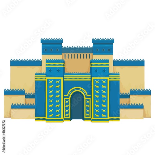 Cartoon color drawing: Ishtar Gate. Ancient sacred temple. Symbols of Babylon, Assyria, Mesopotamia. Vector illustration Isolated on white background.