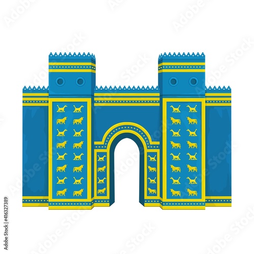 Cartoon color drawing: Ishtar Gate. Ancient sacred temple. Symbols of Babylon, Assyria, Mesopotamia. Vector illustration Isolated on white background.