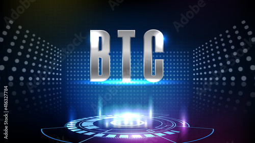 abstract background of futuristic technology cryptocurrency BTC Bitcoin sign text and hud ui technology innovation display
