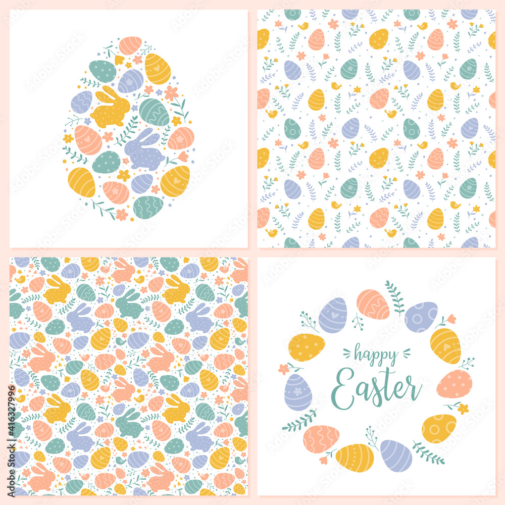 Vector Happy Easter templates and seamless patterns. Suitable for spring Easter cards and invitations.