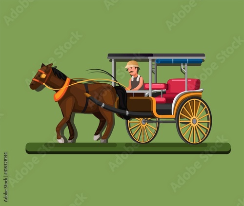 Delman aka horse carriage indonesian traditional transportation concept in cartoon illustration vector