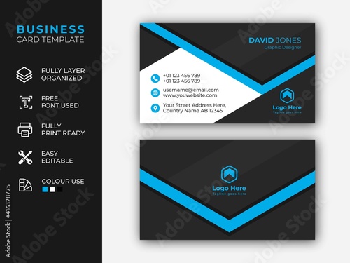 Creative And Clean Business Card Template For company Corporate Style Blue Or Black Colors.