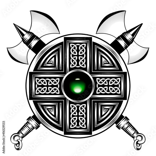 Emblem with round Viking shield and crossed axes 